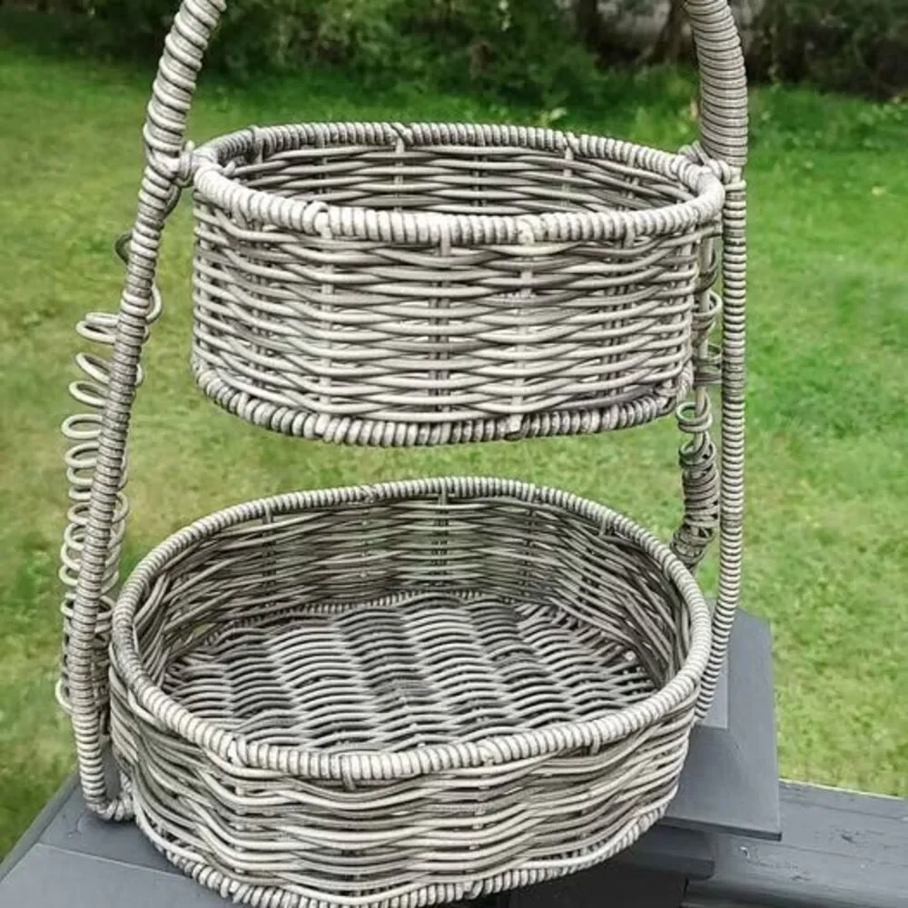 Two-Tier Gray Wicker Basket with Handle